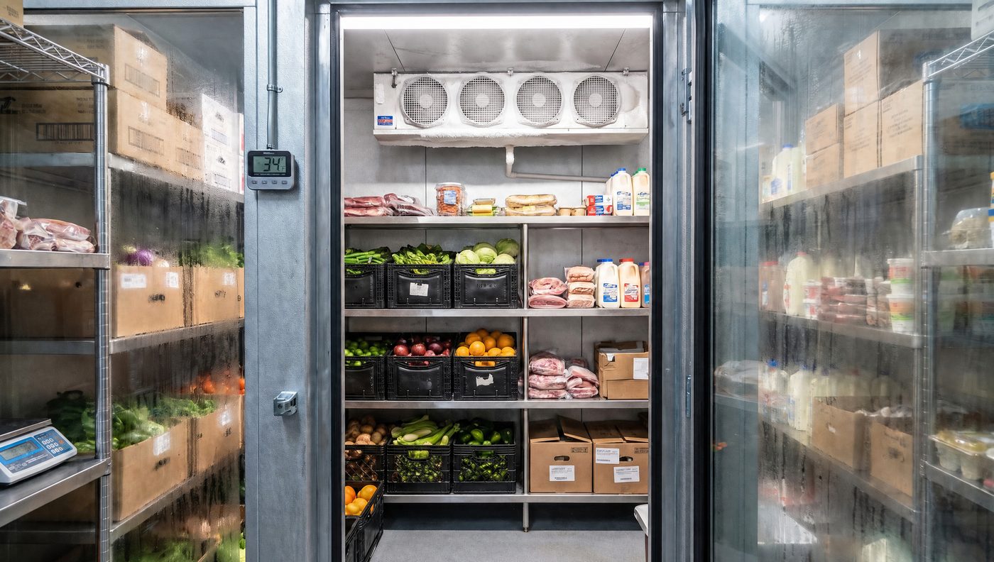 Interior of a stocked commercial walk-in cooler: ceiling-mounted evaporator coil above stainless shelves of produce, dairy and portioned meat, with a wall thermometer reading 34 degrees Fahrenheit.